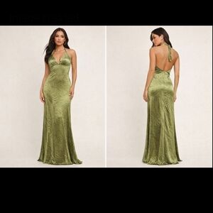 Zara Light Olive Halter Maxi Dress NWT L Open Back Velvet Sheer
